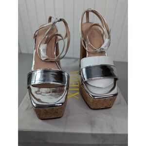 Xieda Open Toe Sandals Womens Silver High Chunky Heels Party Metallic Sz 7.5 NIB